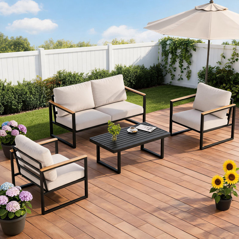 Ensemble de mobilier de patio beige 4 pièces | Canapé d'angle extérieur résistant aux intempéries | Coussins d'accoudoirs anti-brûlure en bois | Idéal pour jardin, balcon, véranda, terrasse