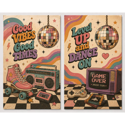 Grand ensemble de 2 jeux rétro disco, art mural Good Vibes Dance On Canvas Prints 90s Arcade Room Decor, impression sur toile 16 x 24 pouces - prête à être accrochée
