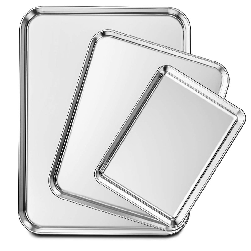 Ensemble de 3 plaques à pâtisserie, plaque à pâtisserie en acier inoxydable, non toxique, robuste et facile à nettoyer - argent