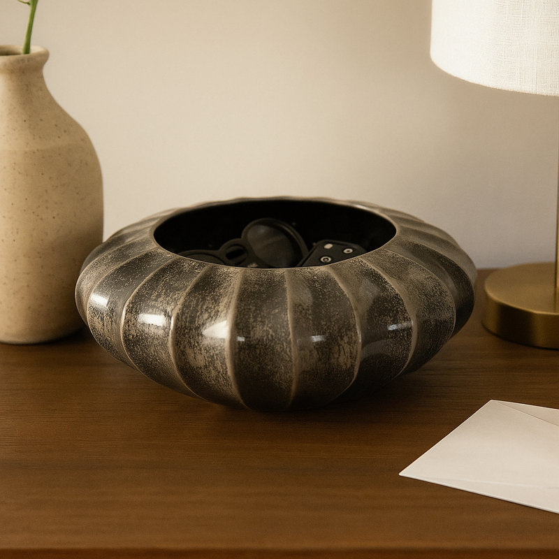 Decorative Round Ribbed Pottery Bowl with Glazed Finsih for Home Decor - Modern Accent Bowl for Shelf, Coffee Table, or Home Decor - 14", Black