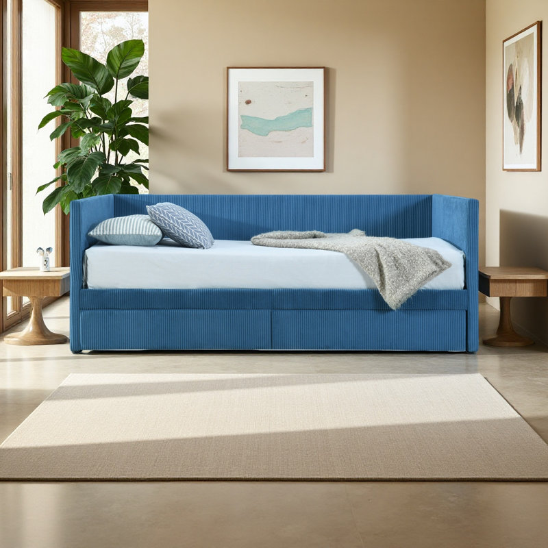 Twin Size Corduroy Daybed With Two Drawers And Wood Slat, Blue