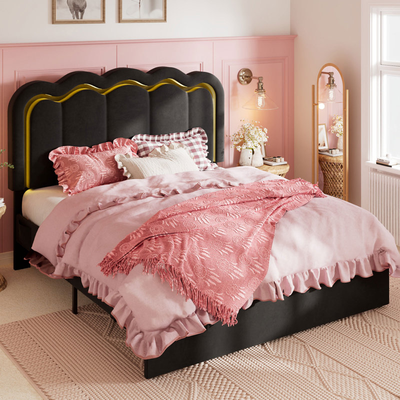 LED Velvet Upholstered Platform Storage Bed Frame With Drawer And Adjustable Headboard, Black, Full