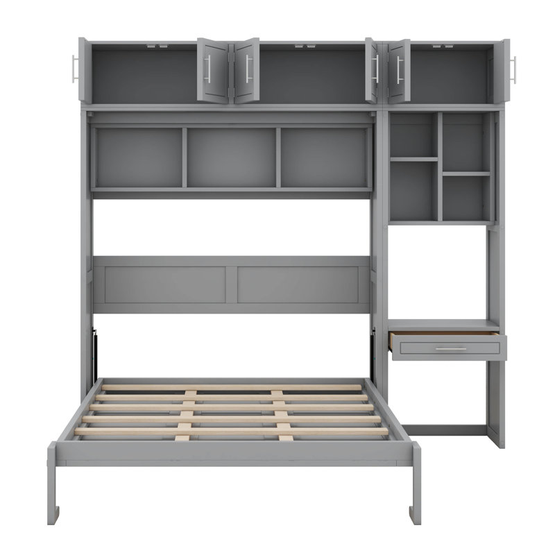 Grand lit escamotable mural avec bureau, armoire supérieure et tablettes de rangement, lit escamotable escamotable en bois pour bureau à domicile