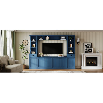 Grand meuble télé bleu avec pont pour téléviseurs de 75 po, hauteur réglable contemporaine et rangement, unité murale de divertissement dans l'espace de vie