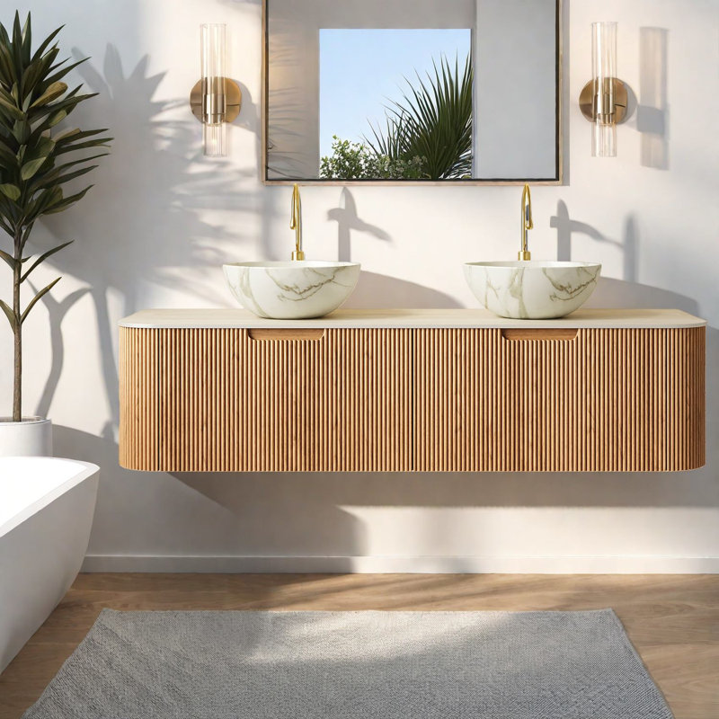 Meuble-lavabo spacieux à grain de bois avec armoire pré-assemblée et deux lavabos en pierre
