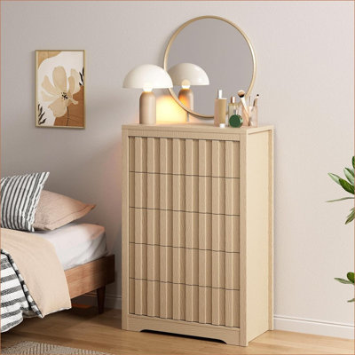 Tall Fluted Dresser for Bedroom with 5 Drawers,Modern Chest of Drawers with Handleless,Wooden Dresser TV Stand, Wood Clothes Closet Organizer with Dee