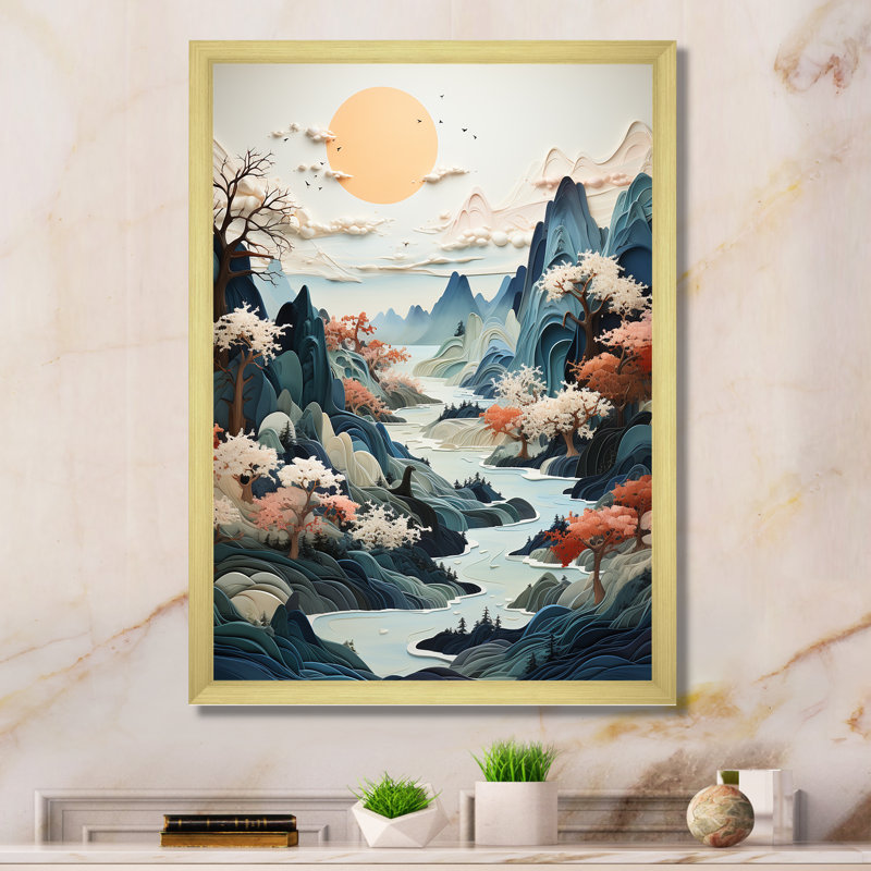 Minimalisme, rivière japonaise, paysage montagneux encadré sur toile, Cadre doré simple, H 32 po x l 24 po x P 1 po