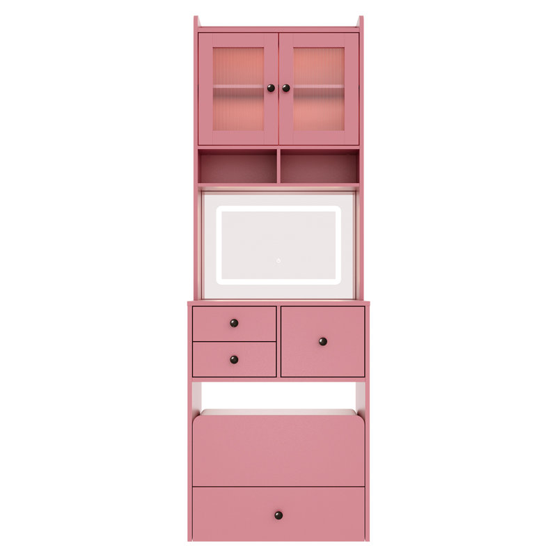 Compact Vanity Desk with LED Lighted Mirror & Charging Station, Makeup Vanity Table Set with Storage Drawer & Cushioned Stool for Bedroom