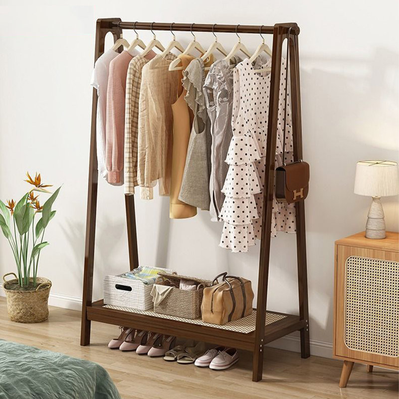 Étagère à vêtements autoportante en bois massif 60,6 po avec tablette inférieure et crochets latéraux, Dark Brown Wood