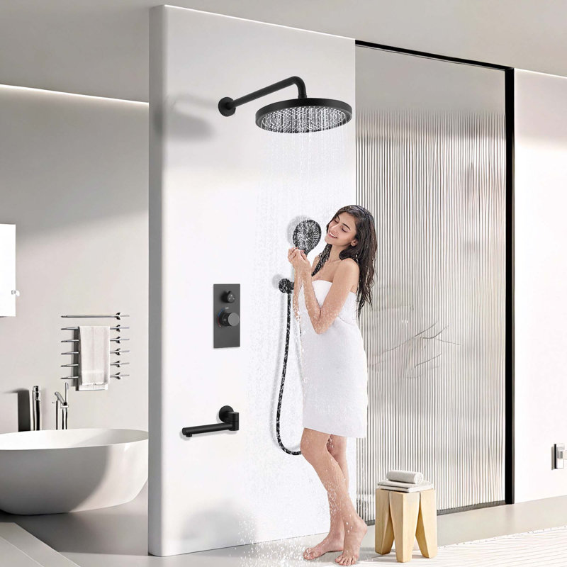 Ensemble de système de douche à 3 fonctions de luxe - valve de contrôle en laiton massif, douche de tête 10 po, douchette à 3 jets avec douchette de baignoire