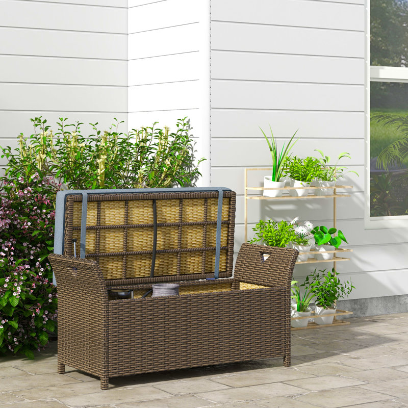 Commode de patio 27 gallons avec rangement, coussin et poignées bleu foncé, boîte de jardin rectangulaire à grande capacité pour siège de rangement extérieur, gallon, poignées transportables en PE