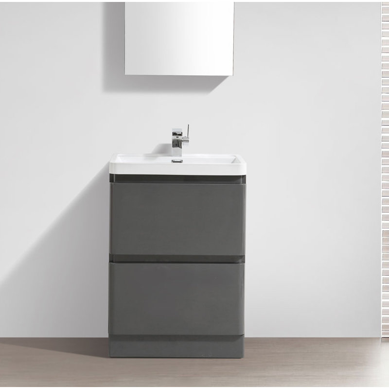 Bridge 595mm Single Bathroom Vanity with Integrated Glass Basin, White, Grey