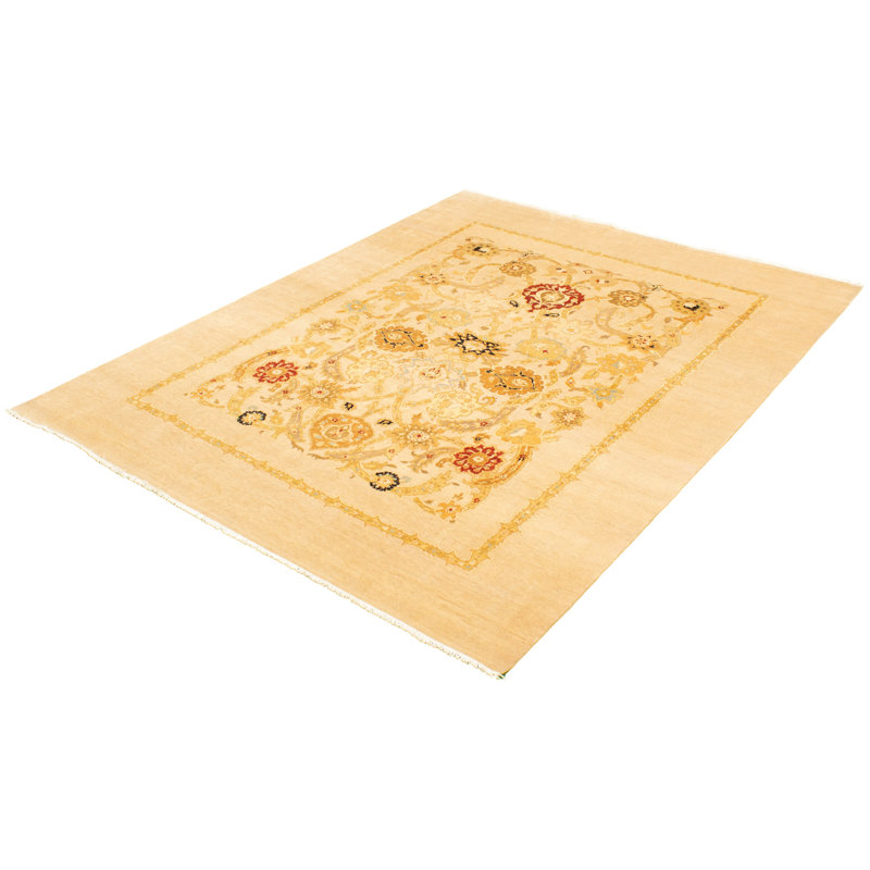 Tapis décoratif en laine noué à la main de conception unique 8 pi x 10 pi 3 po Deneishia Ivoire