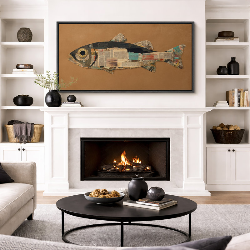 «Mixed Media Collage Fish Coastal Marine Art», impression sur toile encadrée, Black, H 30 po x l 60 po