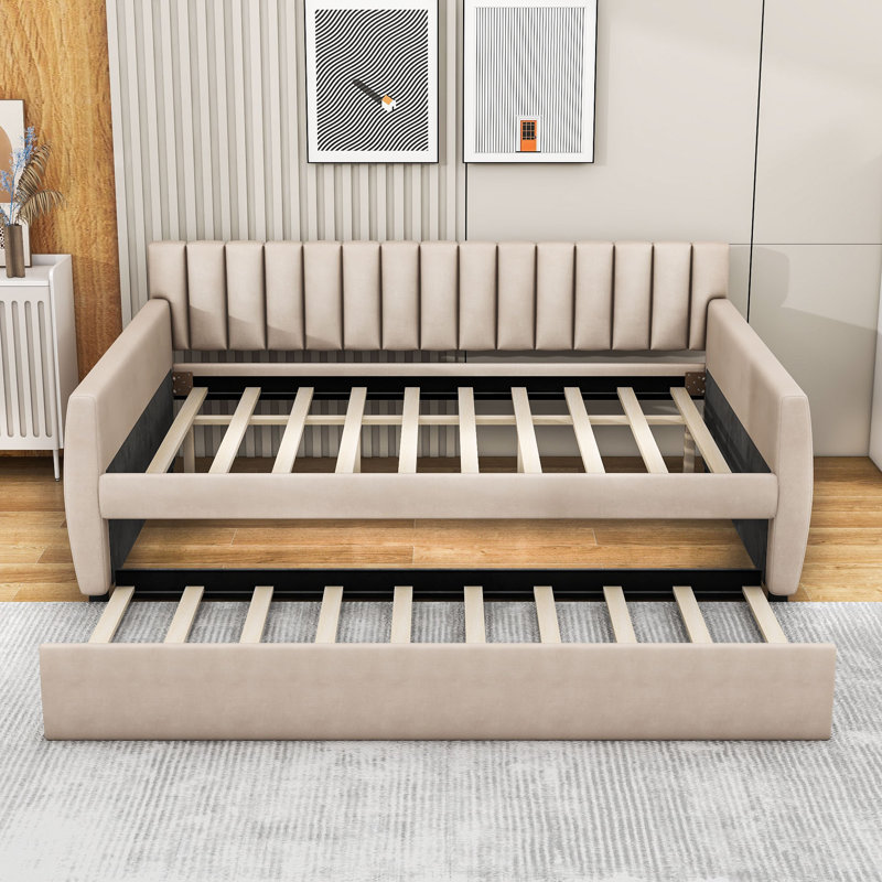 Lit de jour rembourré avec lit gigogne simple Margos, Beige