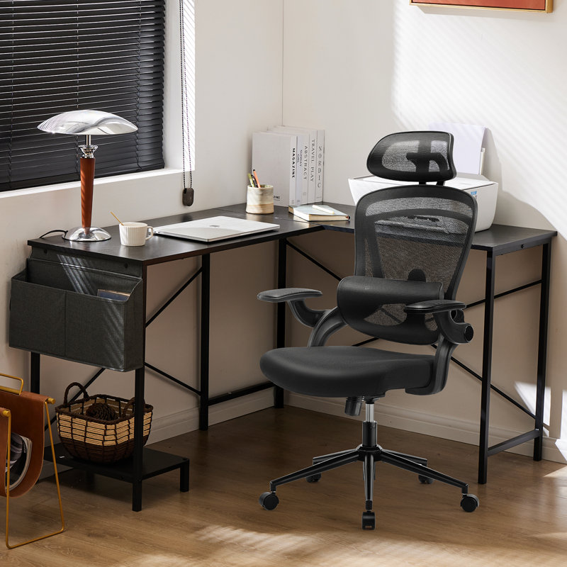 Ensemble de bureau et de chaise: bureau d'ordinateur en L et chaise de bureau en filet, Chaise noire / bureau blanc