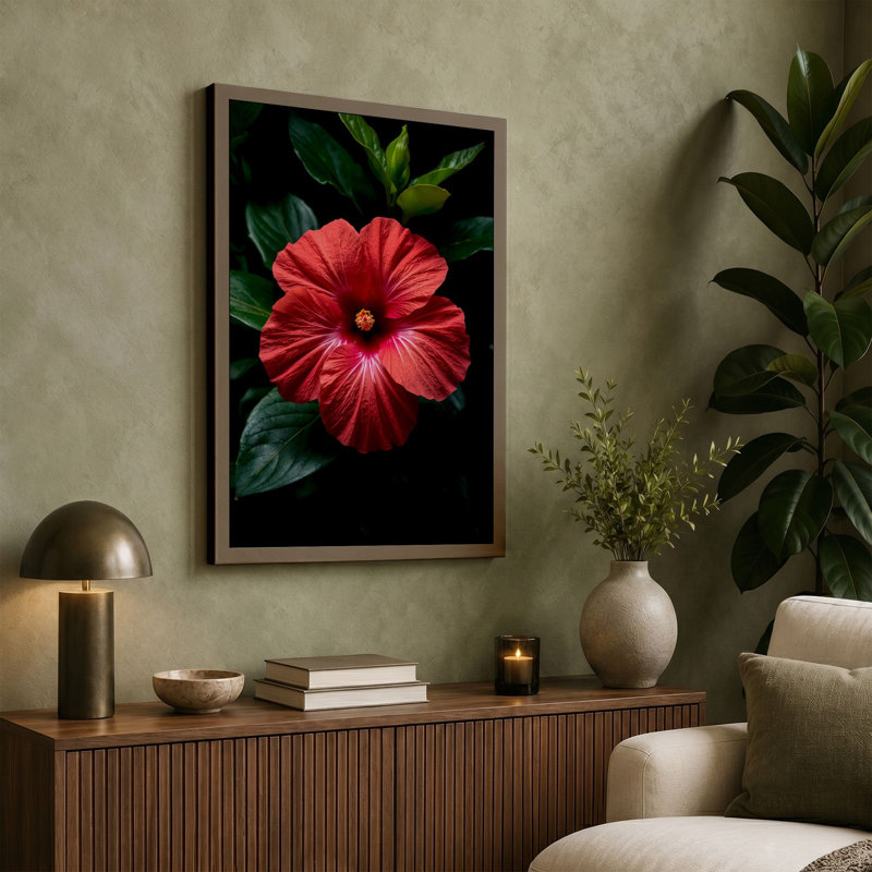 Glowing Hibiscus Botanical - Wrapped Canvas, 36x24 - 91.4 x 61.0 cm, Taupe Border