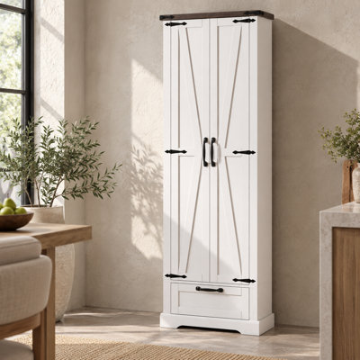 Armoire de rangement de style champêtre, 180 cm (70,95 pouces), autoportante, avec portes coulissantes de style grange, tiroir et étagères réglables, blanche