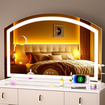 Nastaran 36" x 24" Arch Vanity Mirror with Light, Tabletop Desk Mirror with USB Charging Port, Dimmable 3 Colors Mode 3-Year Warranty
