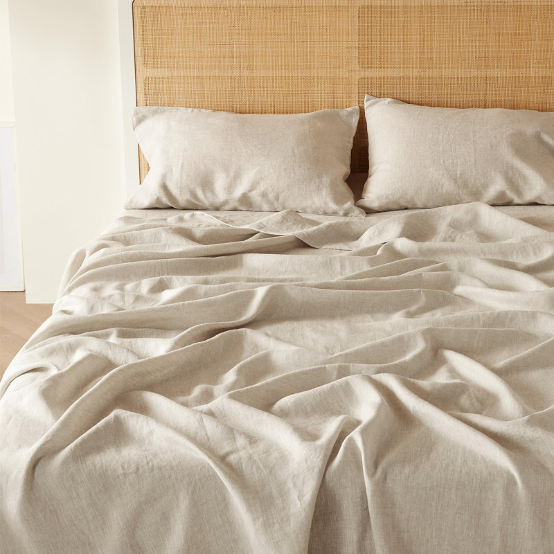 Draps en mélange de coton et de lin pour toutes les saisons, Ensemble de draps pour très grand lit avec un dra, Lin lin
