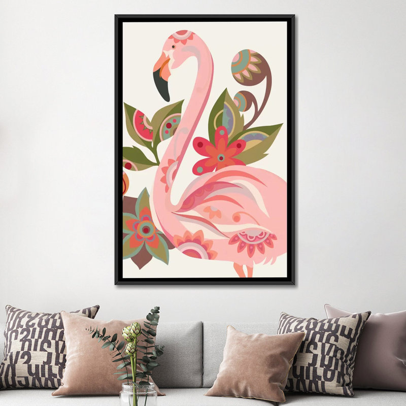 « the flamant rose », impression sur toile tendue, H 26 po x l 18 po x P 1,5 po, Toile avec cadre noir
