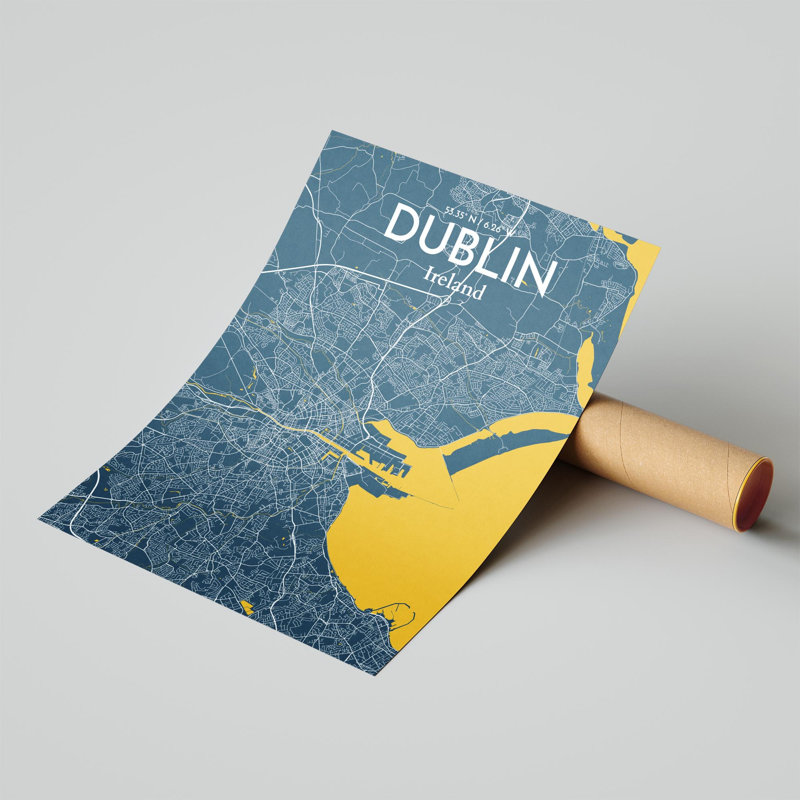 «Dublin City Map», impression de luxe, H 24 po x l 18 po, Bleu / Jaune