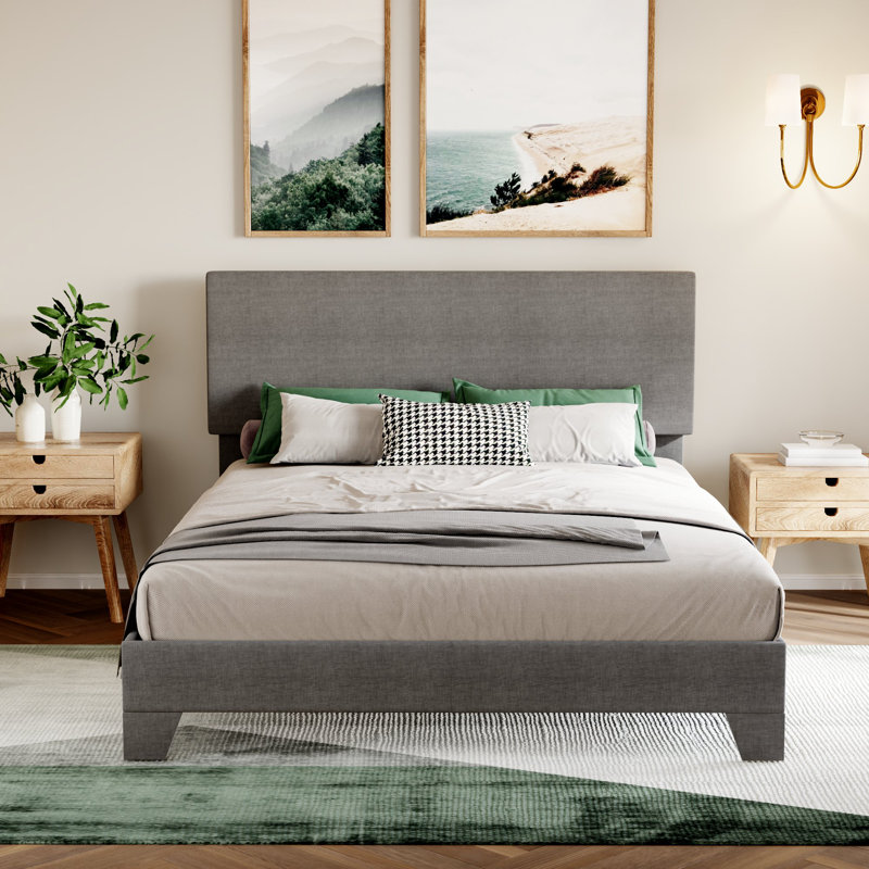 Base de lit simple tapissier rectangulaire avec tête de lit Avel, Grand, Lin gris foncé