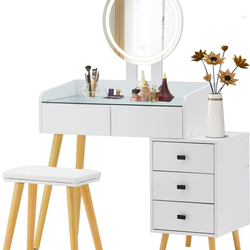 Dressing Table With LED Lights Glass Top Dressing Table With Extendable Side Table 5 Drawers Dressing Table With Mirror And Stool For Bedroom