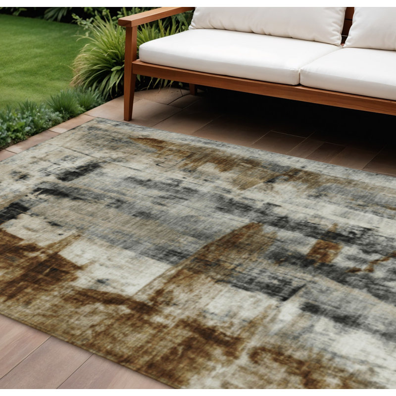 Tapis extérieur lavable abstrait taupe et ivoire 10 pi x 14 pi