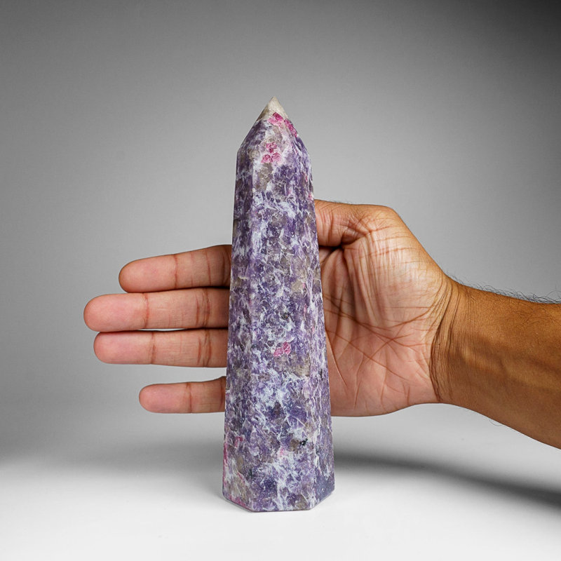Genuine Polished Lepidolite Point from Madagascar (1.6 Lbs), Purple/Gray/Pink, 7.5" H x 2" W x 1.75" D