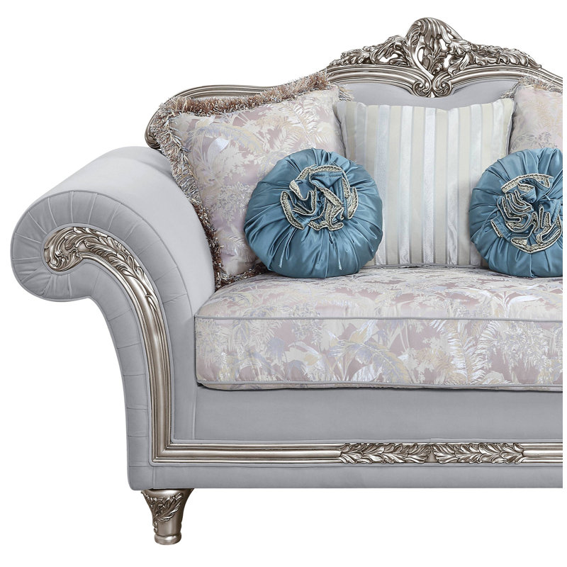 Pelumi Light Gray Linen Camelback Loveseat with Floral Cushions
