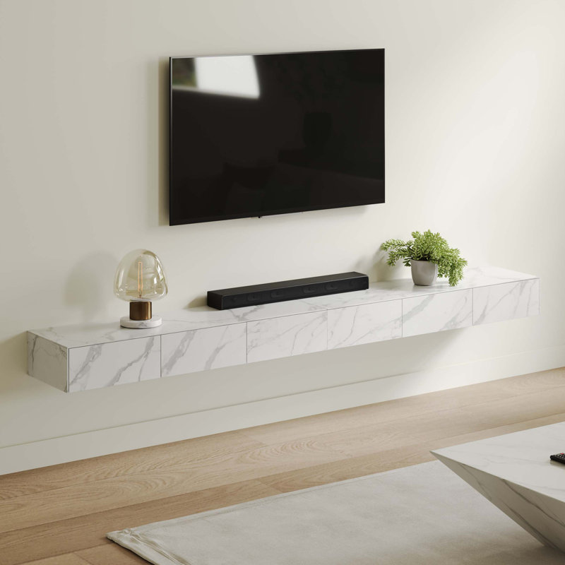 Hithin Floating TV Stand, Entertainment Center with Drawers, Solid Wood, Fully-Assembled, 110.24', White