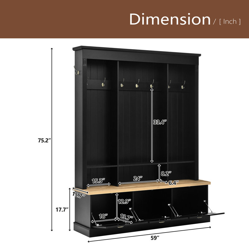 Elegant APP Controlled LED Light Hall Tree With 9 Hooks, Roman Column Design Natural Storage Bench With 3 Large Cabinets, Farmhouse Entryway Organizer With Shelves For Hallway