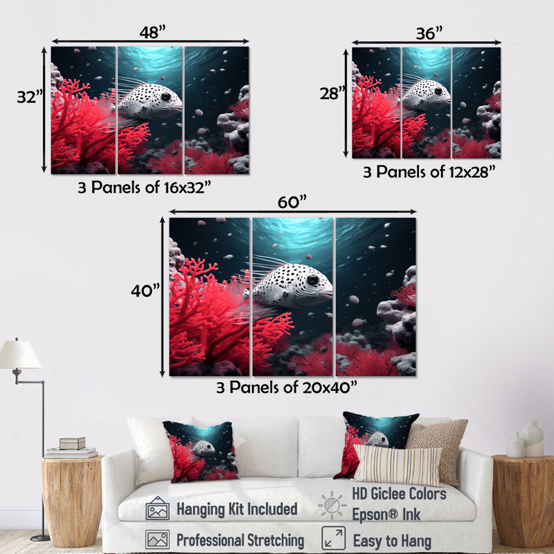 The Graceful Pufferfish - Coastal Coral Under Water, ensemble d'art sur toile, H 28 po x l 36 po