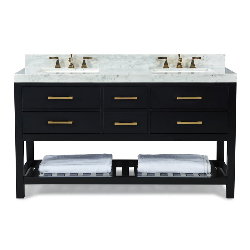 Elizabeth 60'' W Double Vanity, Black Onyx/Brushed Gold, Carrara White Marble