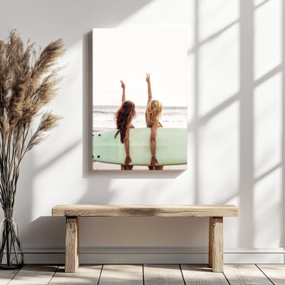 1Pc Framed Canvas Poster Print Surfing girl, beach peace gesture, minimalist realistic style Wall Art Decor, Perfect for Room Decor Living Room Bedroom Office Kitchen Bathroom Home Decor, Ideal Home Wall Decoration Gift, 2D Flat