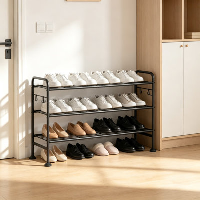 Metal Shoe Rack, Tiered Shoe Storage Organizer for Entryway Closet Bedroom, Sturdy Rust-Resistant Shoe Shelf with Adjustable Feet and Side Hooks, Spac