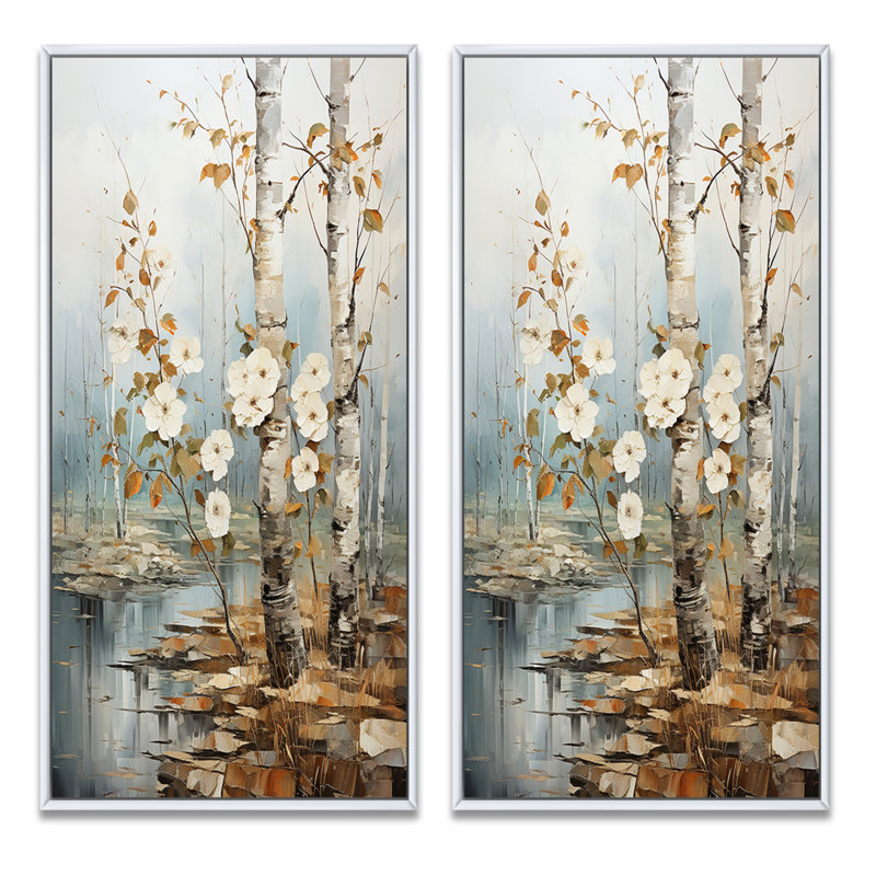 2 pièces sur toile - Symphonie sycomore arbre gris blanc, Cadre blanc, H 40 po x l 40 po