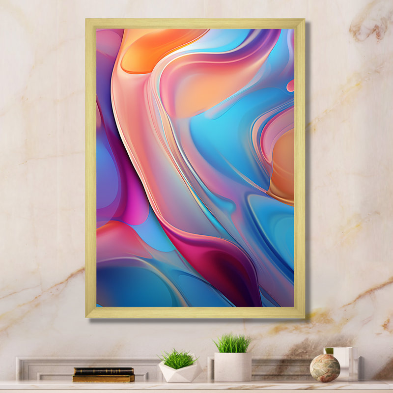 Art mural sur toile abstrait transitionnel rose et bleu II, Cadre flottant doré, H 20 po x l 12 po x P 1 po