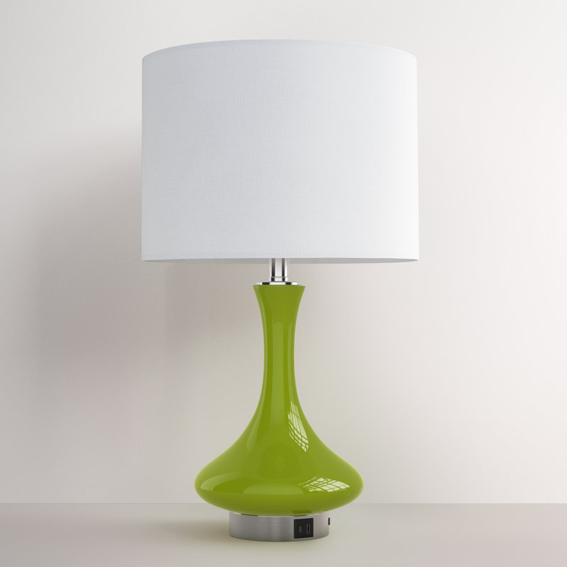 Lampe de table verte en céramique 23,5 "avec ports USB et Type-C et abat-jour en lin blanc pré-assemblé pour le salon, la chambre à coucher et le bureau