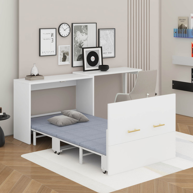 Armoire lit escamotable avec bureau en forme de L et coussin Murphy, Blanc