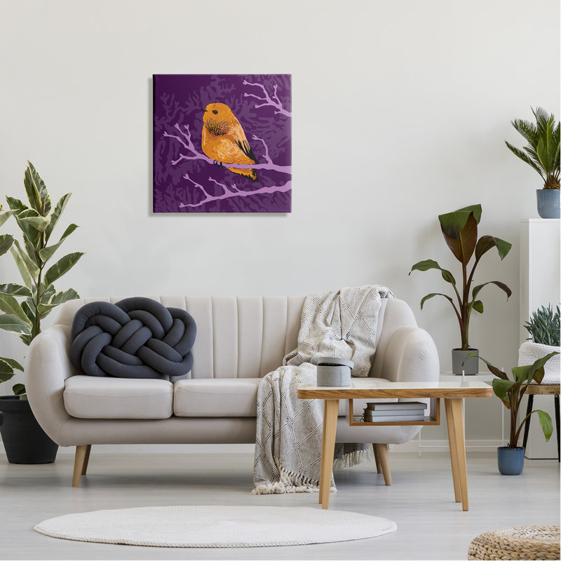 «Bold Orange Bird Sitting Purple Branches» par Verbrugge Watercolor, impression sur toile tendue