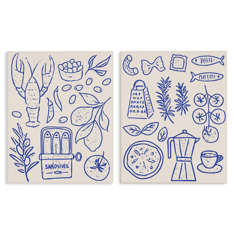 Ensemble de 2 toiles de cuisine méditerranéenne, par Camila Juncos, H 20 po x l 16 po