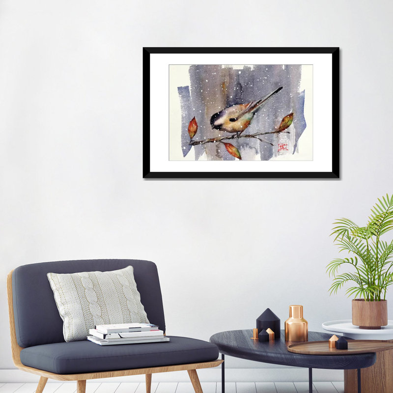 « chickadee snow » par dean crouser,, reproduction d’impression sur toile tendue, Papier d'art encadré noir, Blanc