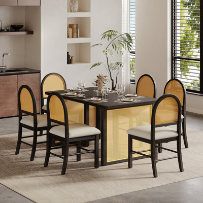 Ensemble de table de salle à manger de ferme pour salle à manger de 6 à 59,8 po avec placage de chêne vieilli et 6 chaises en rotin, mobilier de cuisine rustique pour la salle à manger (espresso) TREXM
