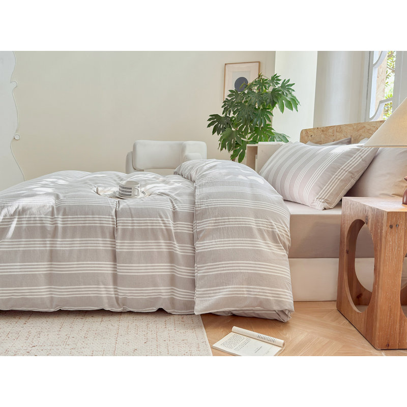 DONEUS Striped Duvet Cover Set 100% Washed Cotton Linen Like Soft Feelling 3 Pieces Bedding Set, Tannish Linen Gray/White