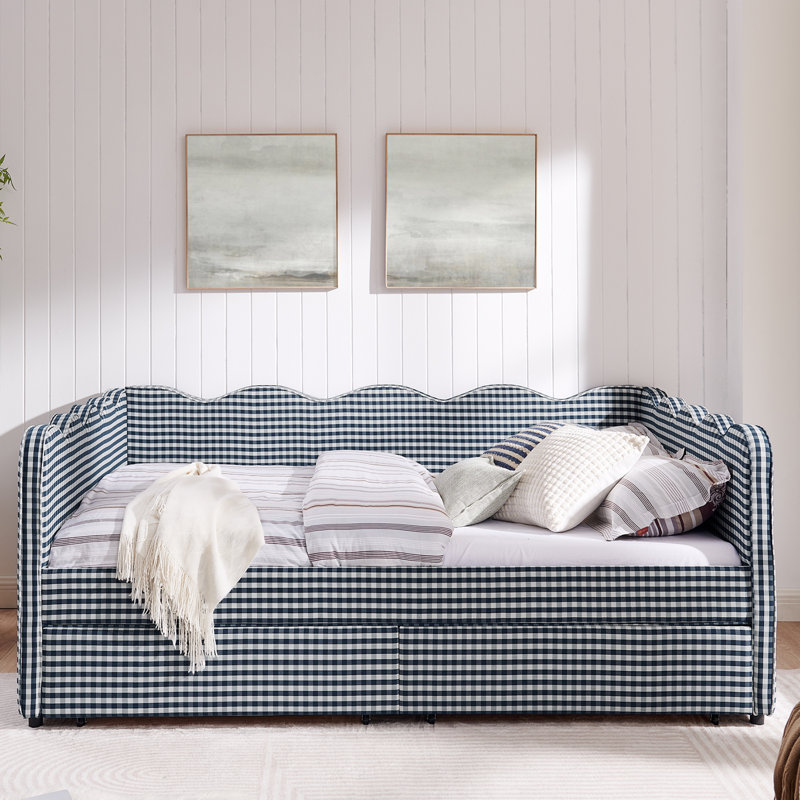 Linen Plaid Daybed With Two Storage Drawers And A USB Port, Queen, Navy Blue
