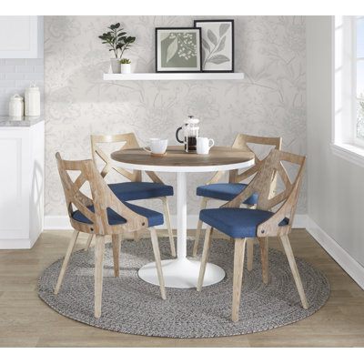 Dakota-Charlotte Contemporary Dining Set In White Metal With Brown Wood-Pressed Grain Bamboo Tabletop And Whitewashed Wood With Blue Fabric - 5 Piece -  LumiSource, DS5-DKTAWBN+4CHARLOTFBWWBU