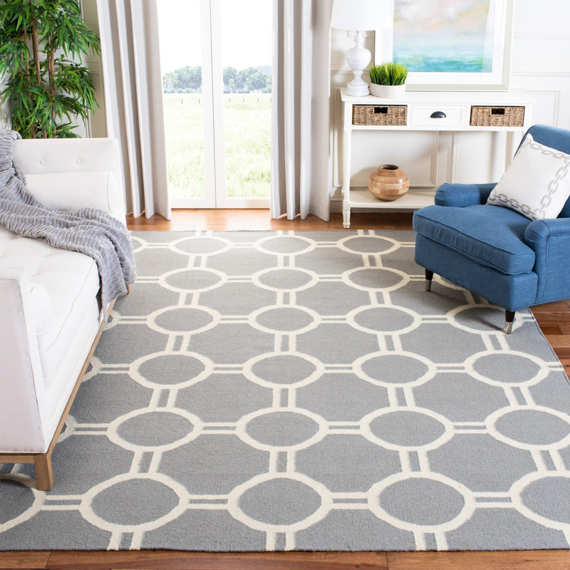 Rodgers Hand Woven Flat Weave Wool/Cotton Geometric Rug in Gray/Ivory, Rectangle 8' x 10'