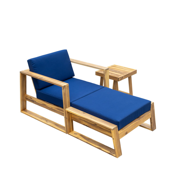 Acacia Wood Outdoor Lounge Set - Chair And Ottoman With Removable Cushions, Blue